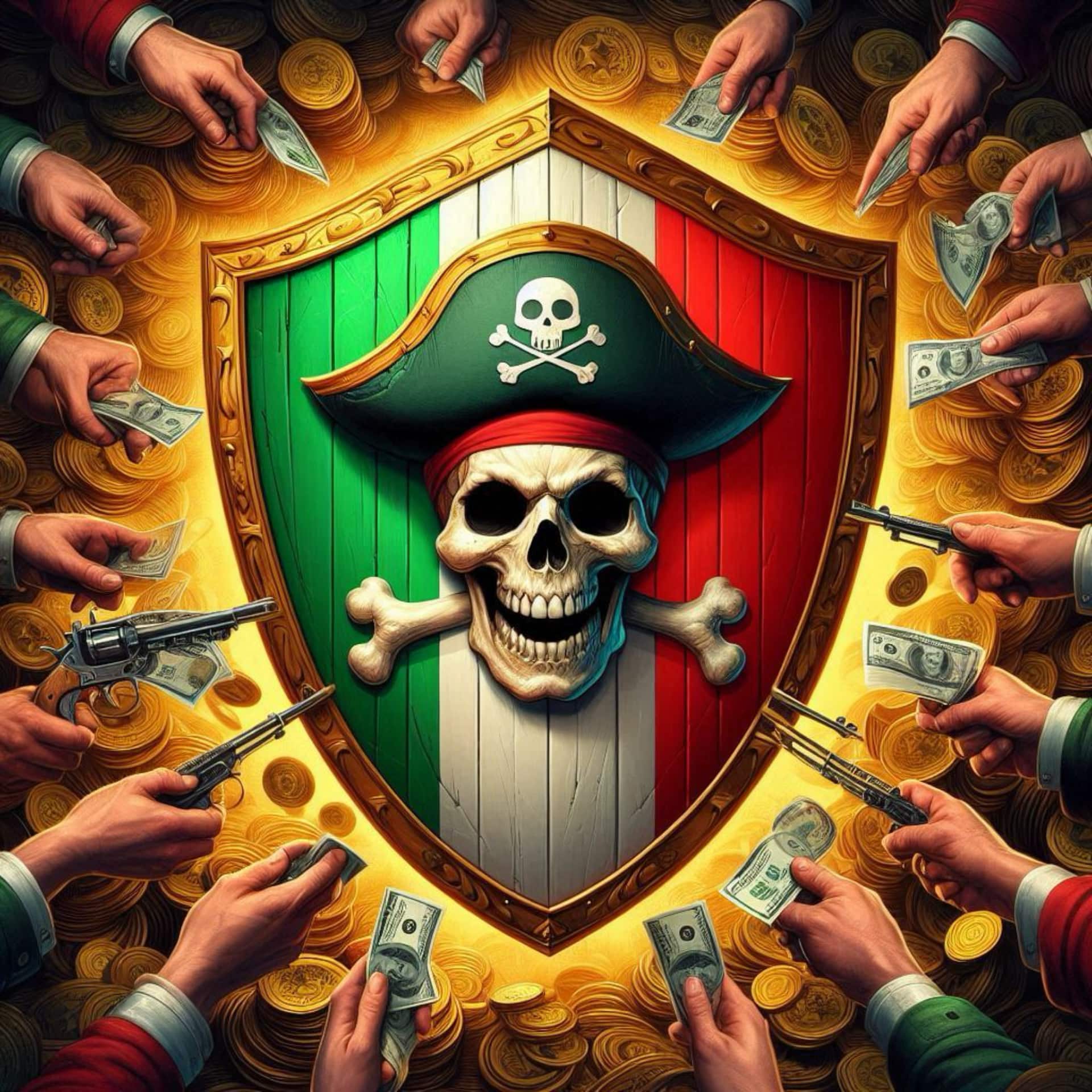Gambar yang dibuat oleh Dall'E berdasarkan kalimat "Perisai Pembajakan Italia bisa menjadi solusi yang lebih buruk daripada penyakit"